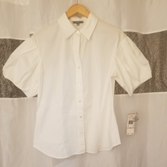 Anne Klein Short Sleeved Cotton Blend Buttoned Down Shirt, White, Size 12, NWT - Picture 1 of 5